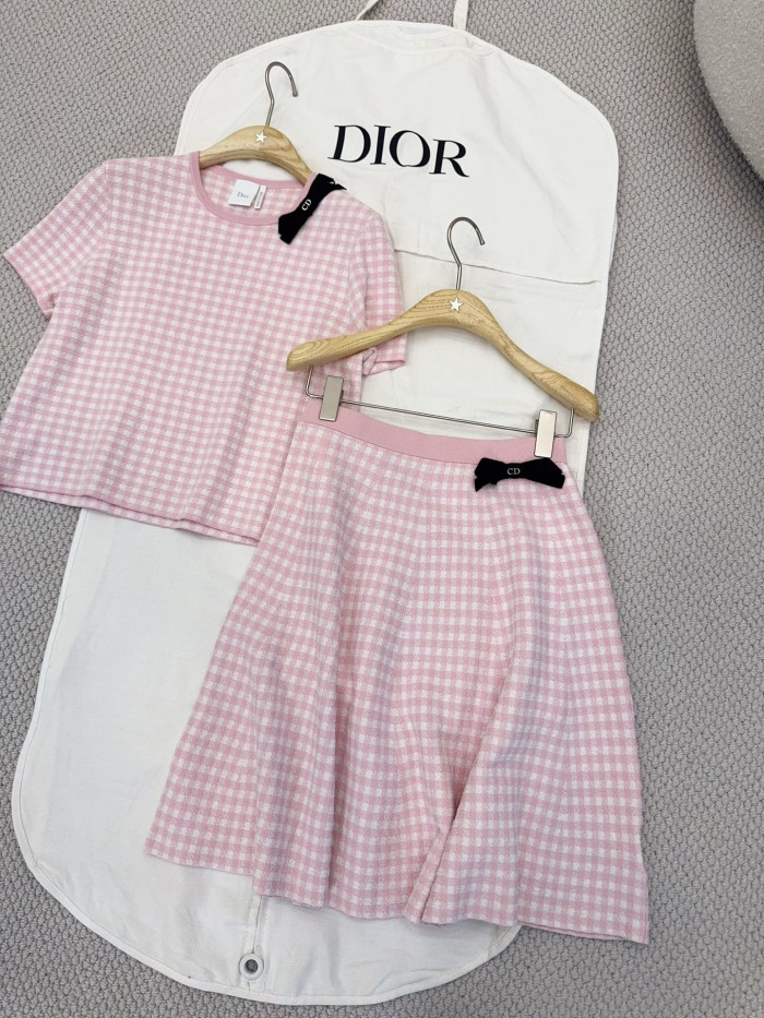 DIOR Dioriviera Flared Short-Sleeved Top Miniskirt Pink and White Dior Vichy Cotton-Blend Knit #383515