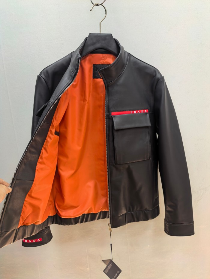 Prada Red Stripe Logo Genuine Leather Jacket Coat #383350
