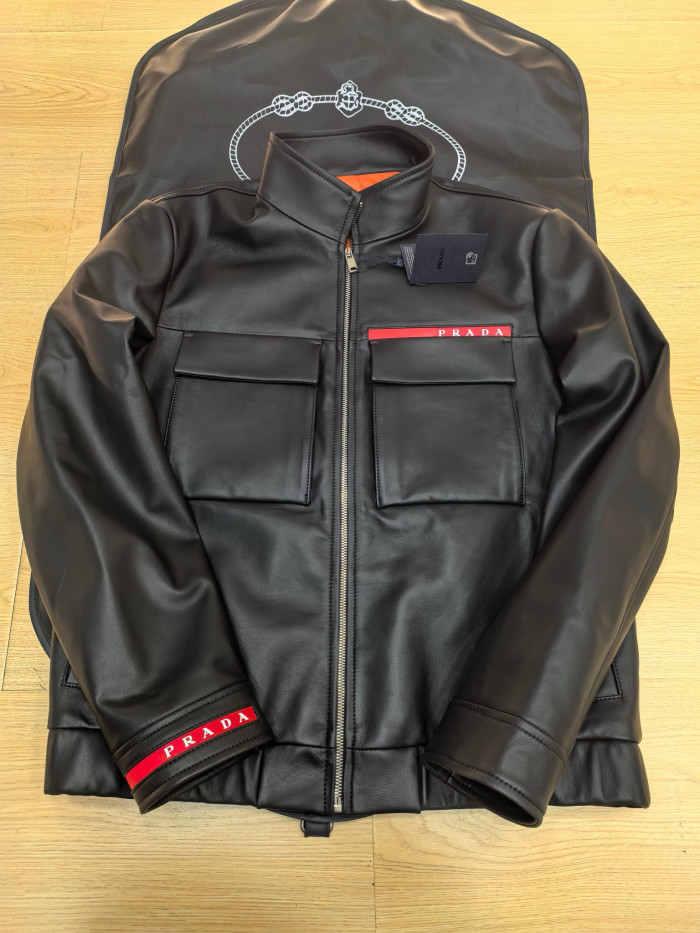 Prada Red Stripe Logo Genuine Leather Jacket Coat #383350