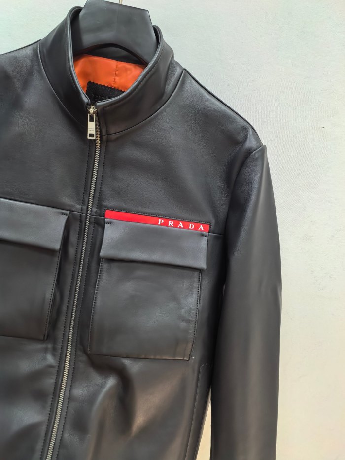 Prada Red Stripe Logo Genuine Leather Jacket Coat #383350