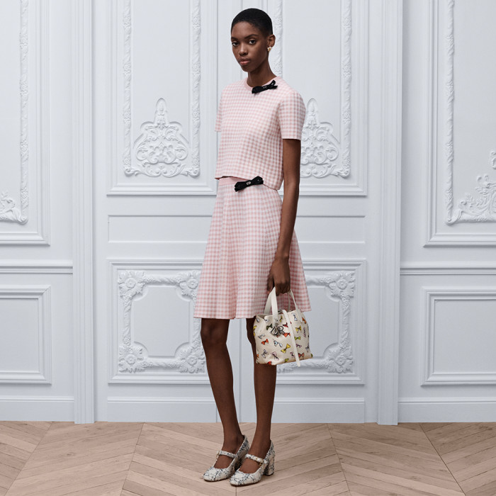 DIOR Dioriviera Flared Short-Sleeved Top Miniskirt Pink and White Dior Vichy Cotton-Blend Knit #383515