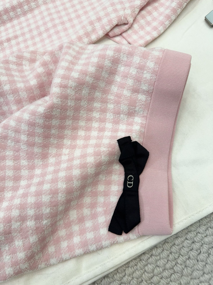 DIOR Dioriviera Flared Short-Sleeved Top Miniskirt Pink and White Dior Vichy Cotton-Blend Knit #383515