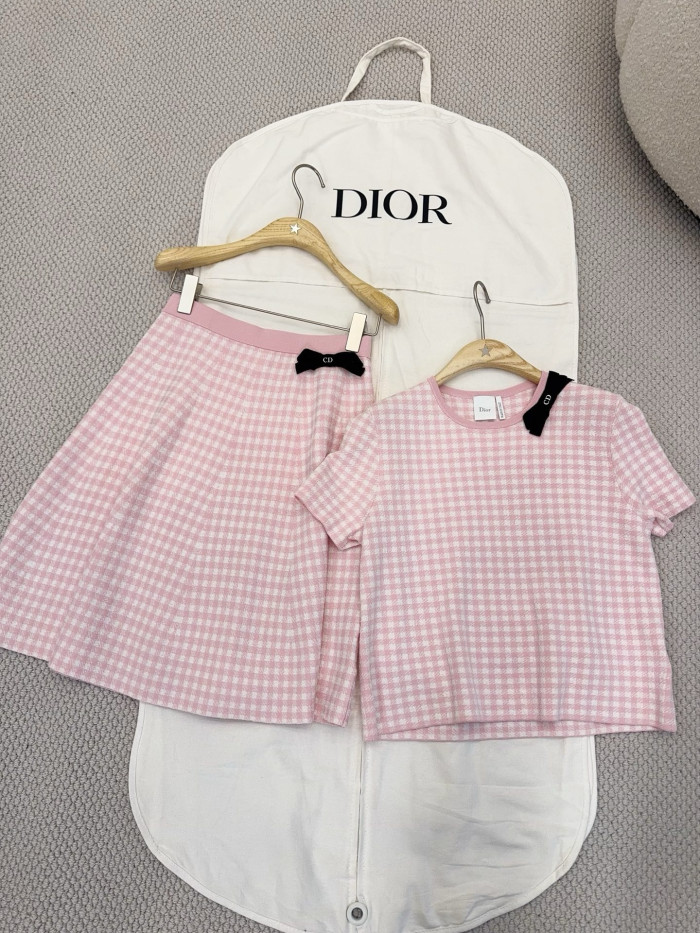 DIOR Dioriviera Flared Short-Sleeved Top Miniskirt Pink and White Dior Vichy Cotton-Blend Knit #383515