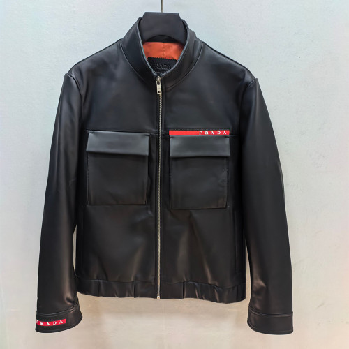 Prada Red Stripe Logo Genuine Leather Jacket Coat #383350