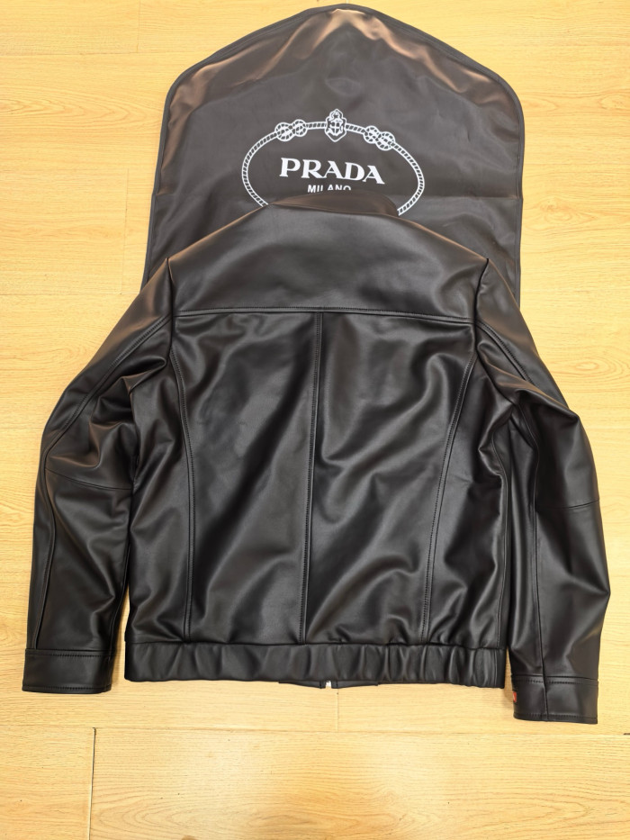 Prada Red Stripe Logo Genuine Leather Jacket Coat #383350