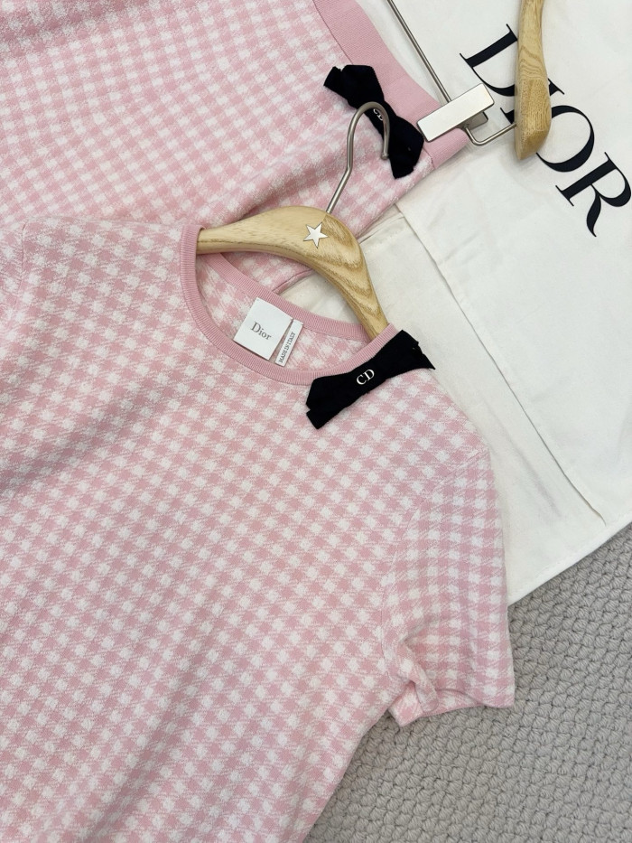 DIOR Dioriviera Flared Short-Sleeved Top Miniskirt Pink and White Dior Vichy Cotton-Blend Knit #383515
