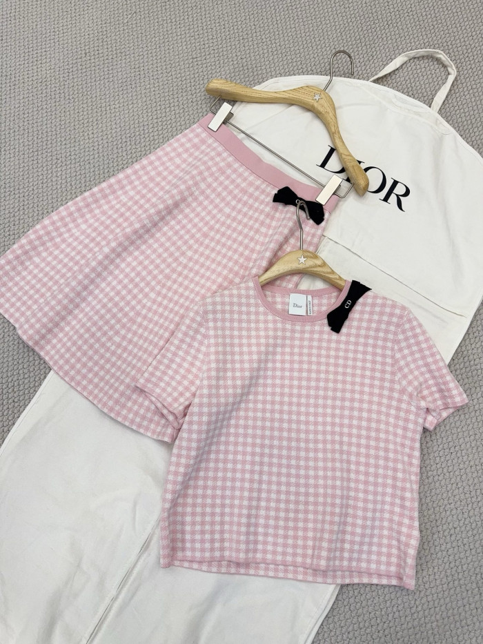 DIOR Dioriviera Flared Short-Sleeved Top Miniskirt Pink and White Dior Vichy Cotton-Blend Knit #383515