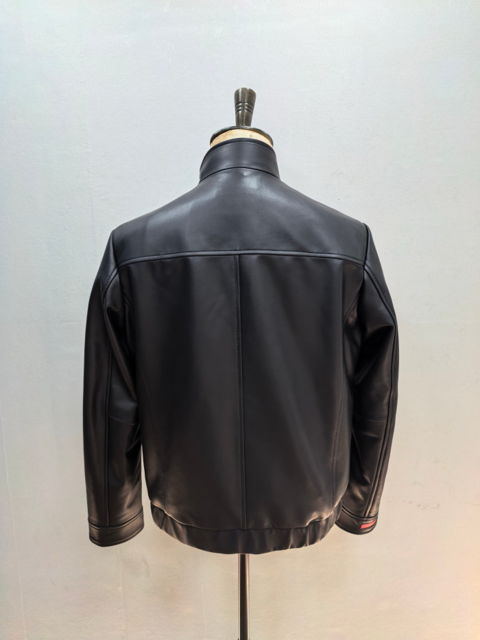 Prada Red Stripe Logo Genuine Leather Jacket Coat #383350