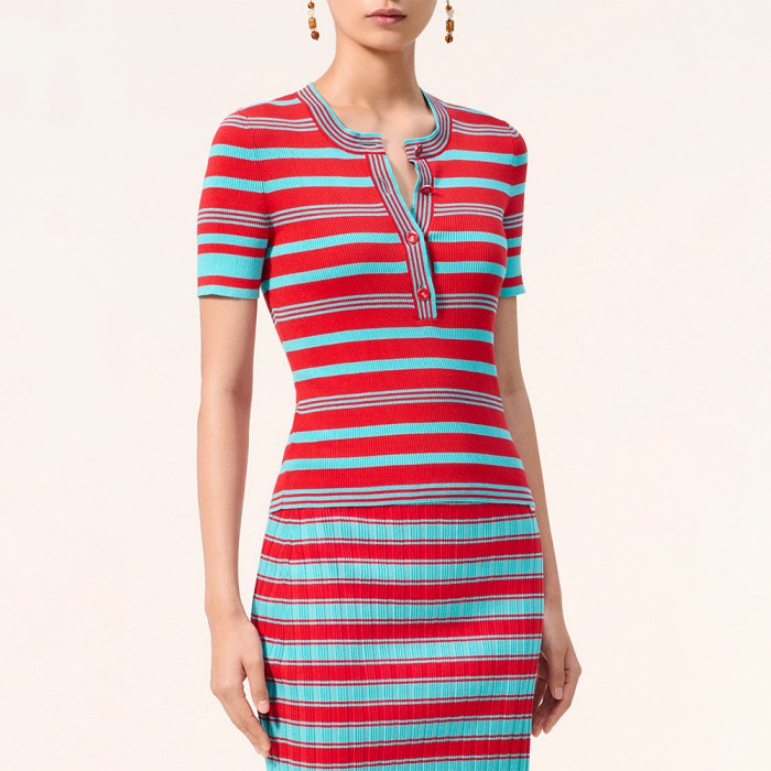 CHANEL Top and Skirt Cotton Red Turquoise #383620