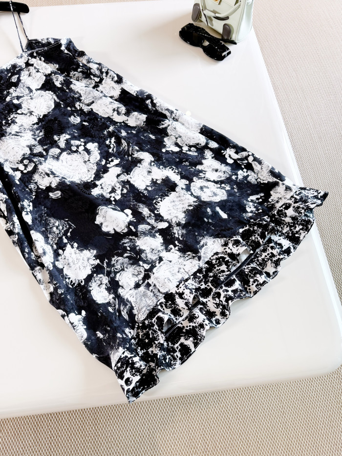 CHANEL Dress Printed Silk Jacquard White Black #383718