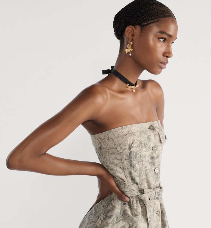 DIOR Mid-Length Belted Bustier Dress Beige Dior Barocco Cotton-Linen Denim #383696