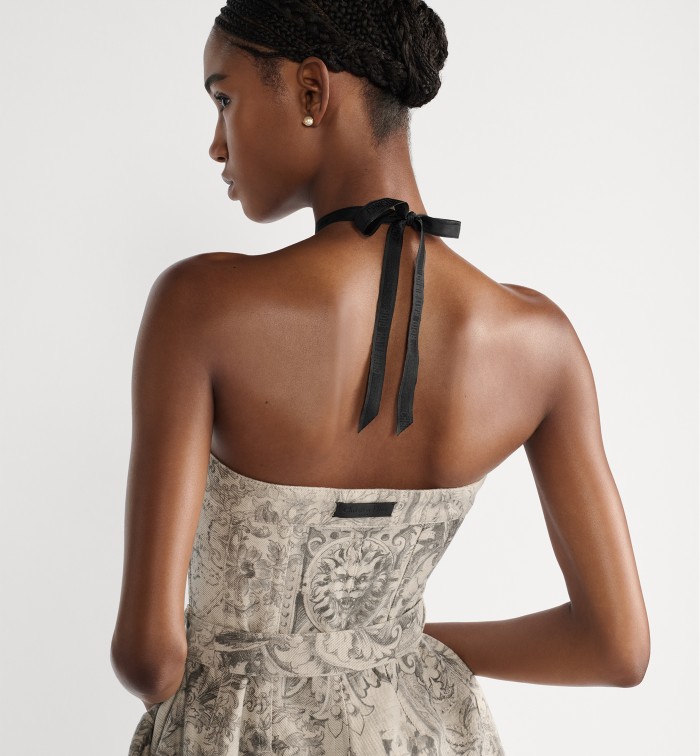 DIOR Mid-Length Belted Bustier Dress Beige Dior Barocco Cotton-Linen Denim #383696