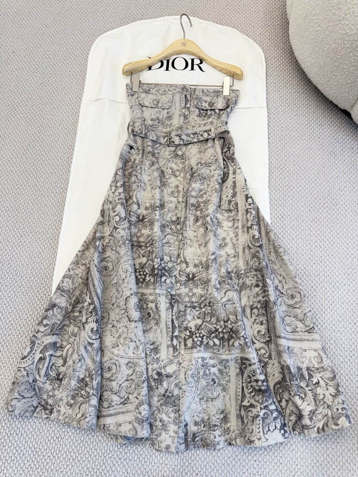 DIOR Mid-Length Belted Bustier Dress Beige Dior Barocco Cotton-Linen Denim #383696