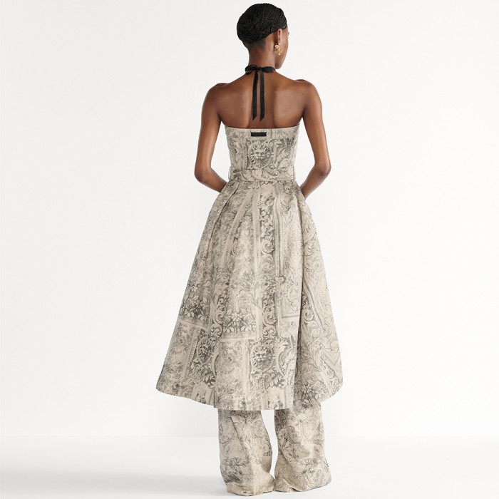 DIOR Mid-Length Belted Bustier Dress Beige Dior Barocco Cotton-Linen Denim #383696