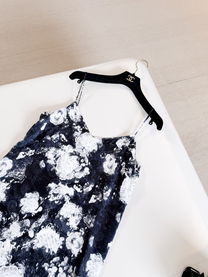 CHANEL Dress Printed Silk Jacquard White Black #383718