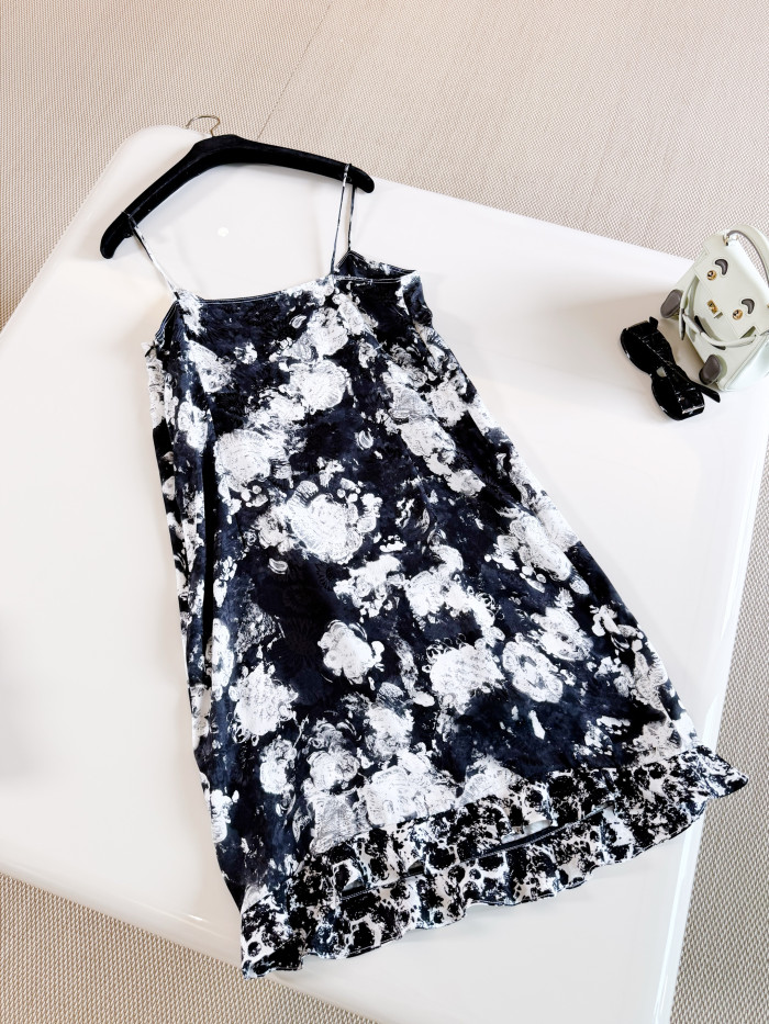CHANEL Dress Printed Silk Jacquard White Black #383718