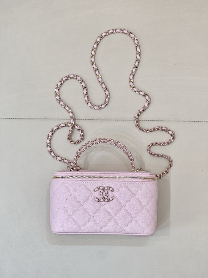 CHANEL Long Vanity With Chain Grained Shiny Calfskin Gold-tone Metal White #383847