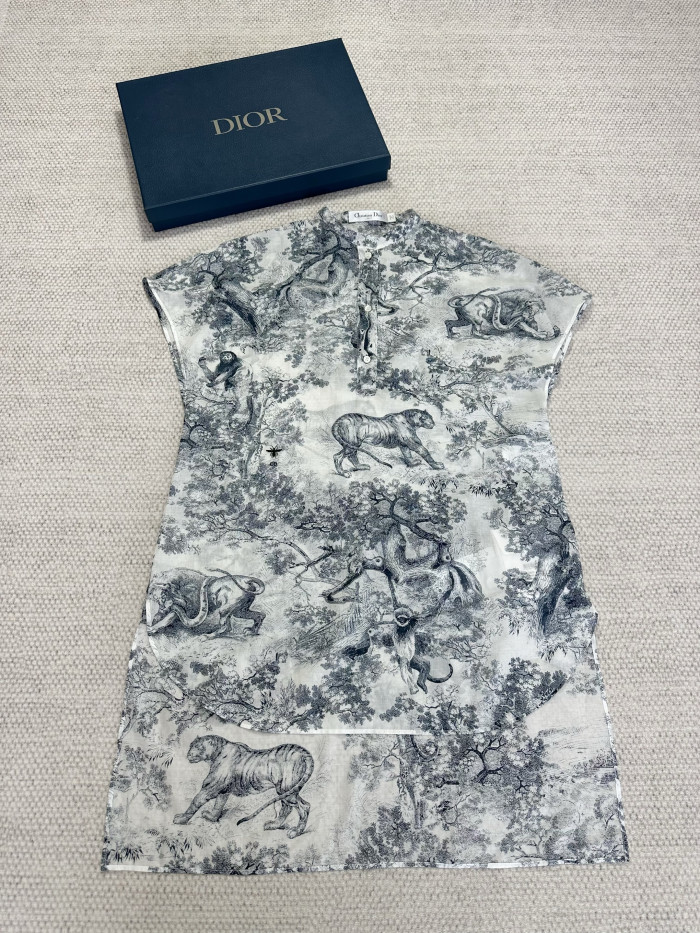 DIOR Dioriviera Long Blouse with Cap Sleeves White and Navy Blue Toile de Jouy Sauvage Cotton Muslin #310741