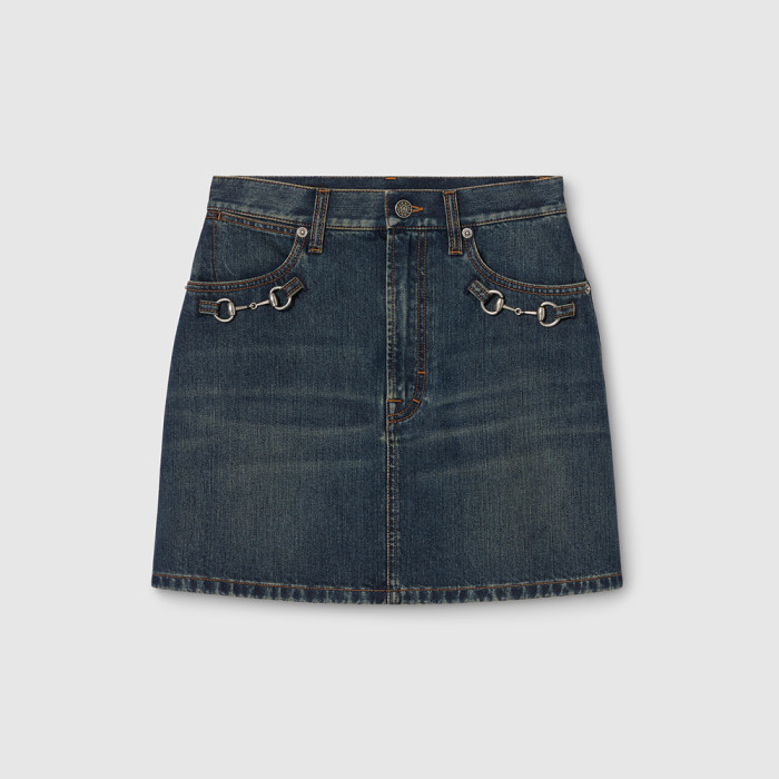 GUCCI Cotton Denim Skirt With Horsebit in Blue #383818