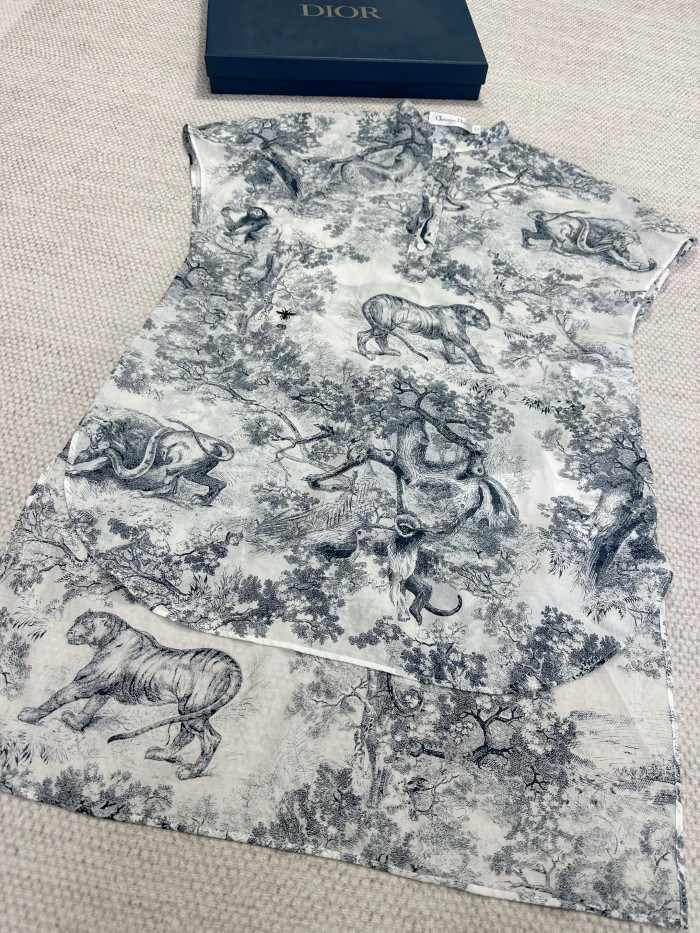 DIOR Dioriviera Long Blouse with Cap Sleeves White and Navy Blue Toile de Jouy Sauvage Cotton Muslin #310741