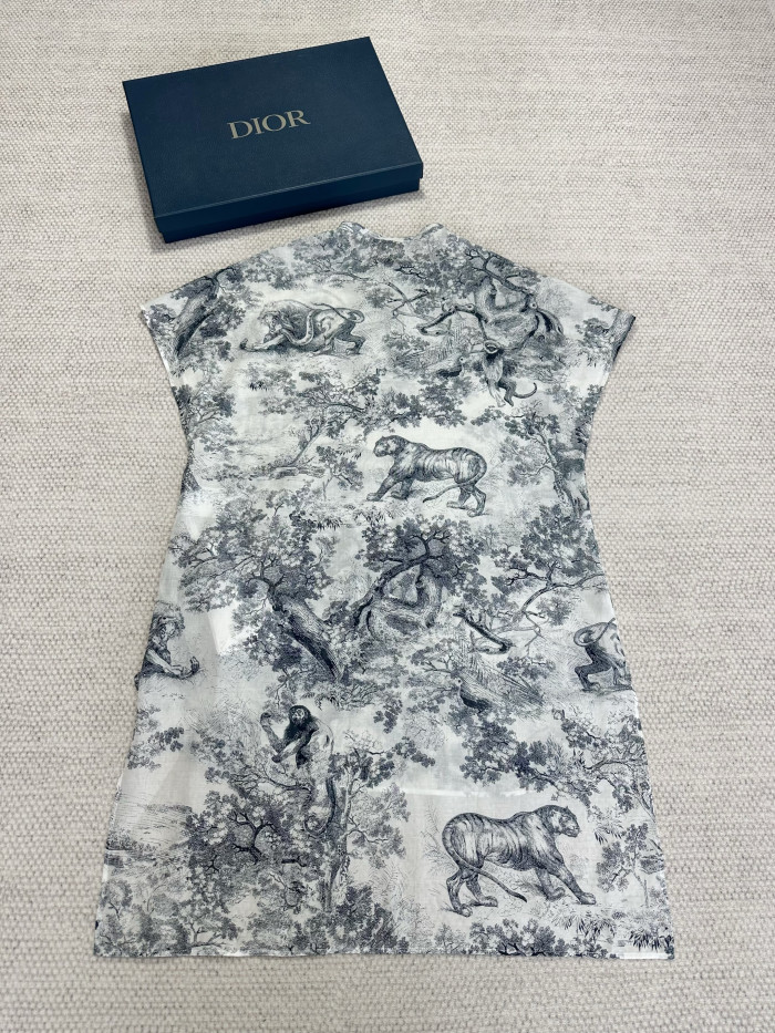 DIOR Dioriviera Long Blouse with Cap Sleeves White and Navy Blue Toile de Jouy Sauvage Cotton Muslin #310741