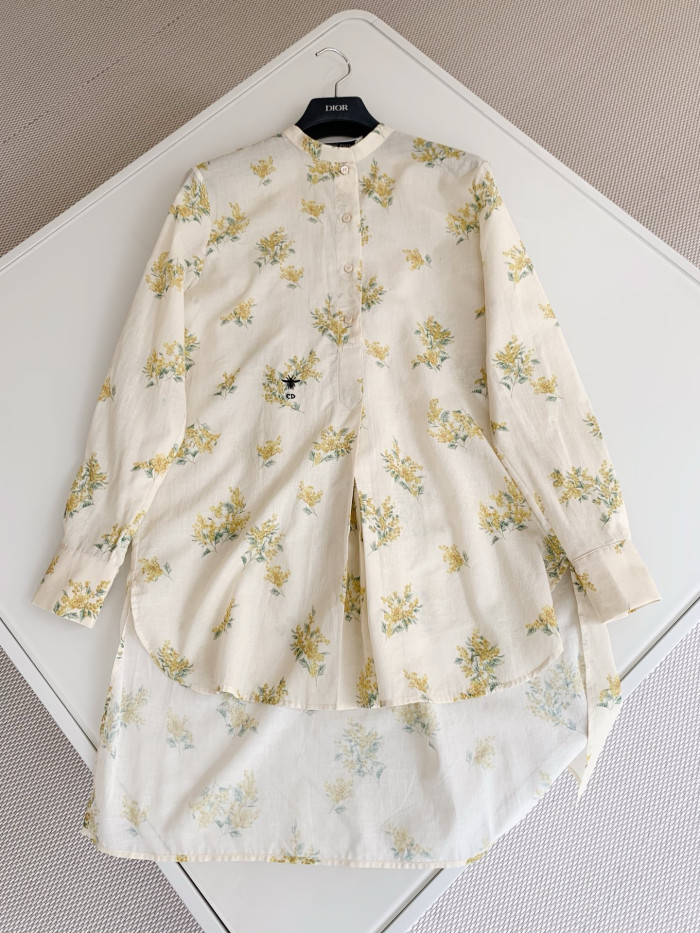 Dior Pastoral Style Mimosa Pattern Floral Silk Cotton Shirt #383886