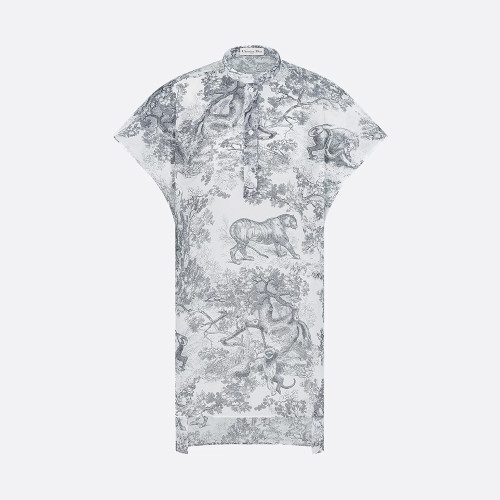 DIOR Dioriviera Long Blouse with Cap Sleeves White and Navy Blue Toile de Jouy Sauvage Cotton Muslin #310741