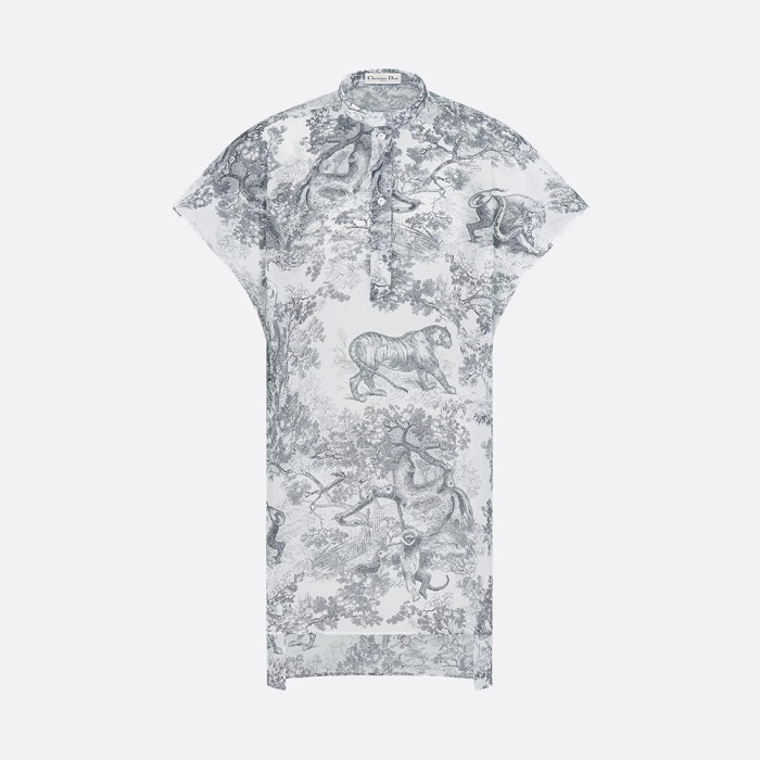 DIOR Dioriviera Long Blouse with Cap Sleeves White and Navy Blue Toile de Jouy Sauvage Cotton Muslin #310741