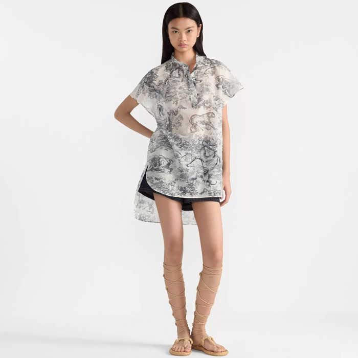 DIOR Dioriviera Long Blouse with Cap Sleeves White and Navy Blue Toile de Jouy Sauvage Cotton Muslin #310741