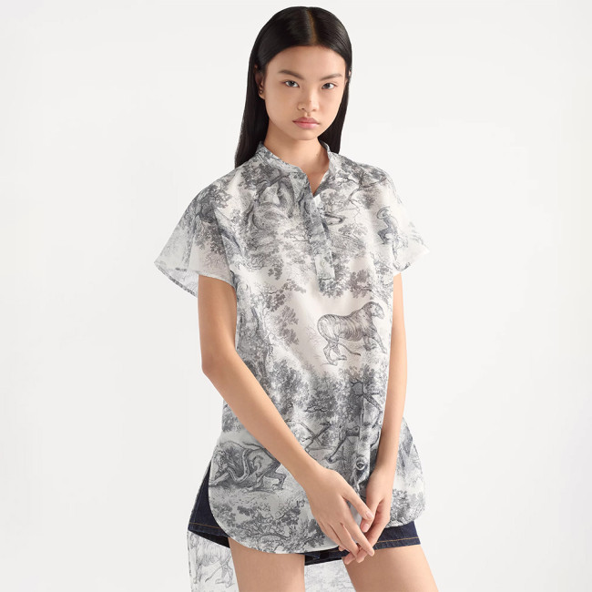 DIOR Dioriviera Long Blouse with Cap Sleeves White and Navy Blue Toile de Jouy Sauvage Cotton Muslin #310741