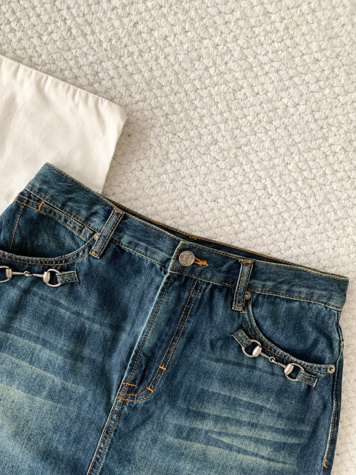 GUCCI Cotton Denim Skirt With Horsebit in Blue #383818