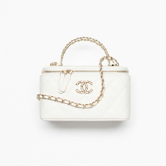 CHANEL Long Vanity With Chain Grained Shiny Calfskin Gold-tone Metal White #383847