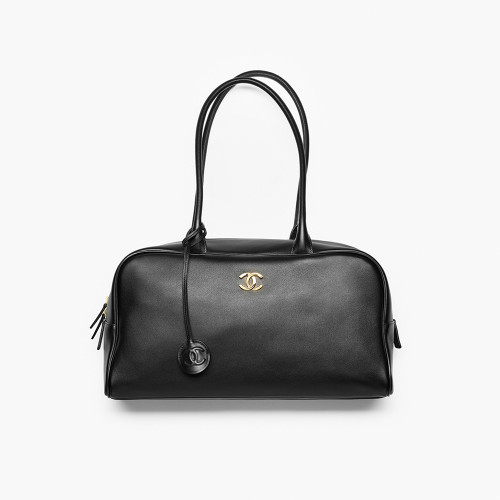 CHANEL Large Bowling Bag Calfskin Gold-tone Metal Black #383866