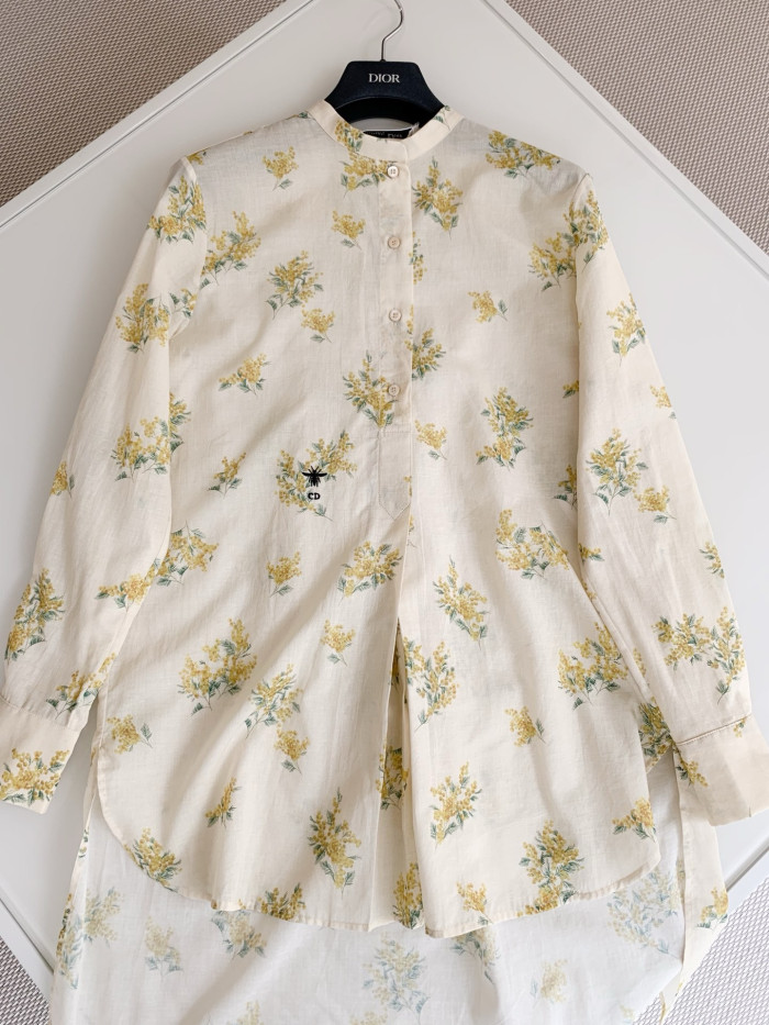 Dior Pastoral Style Mimosa Pattern Floral Silk Cotton Shirt #383886