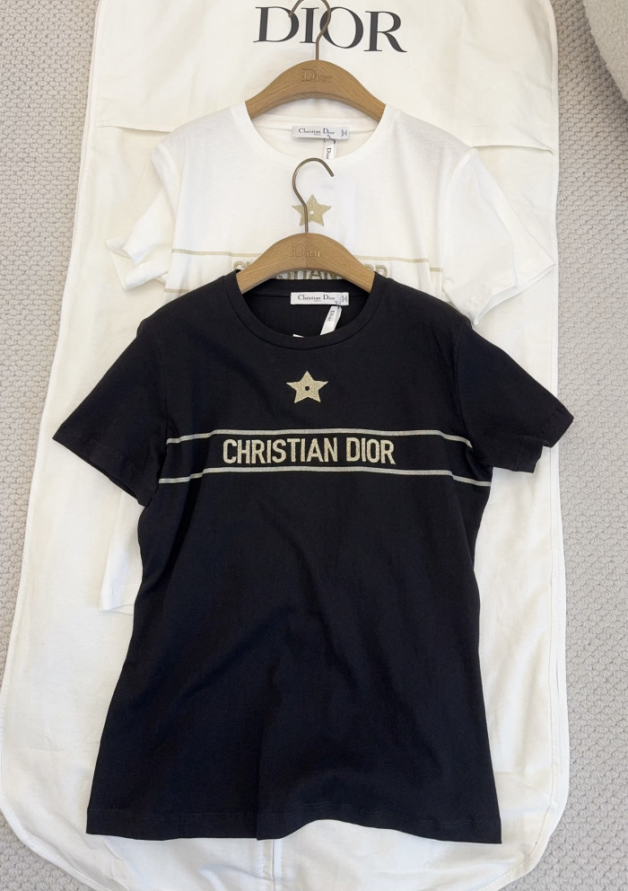 DIOR Embroidered T-Shirt Black and Gold-Tone Cotton-Blend Jersey #334724
