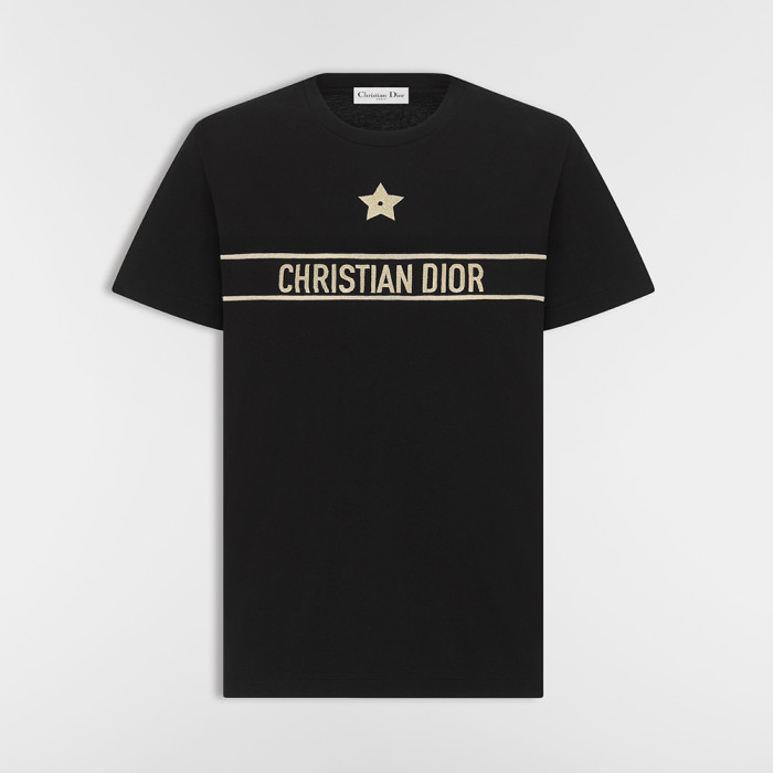 DIOR Embroidered T-Shirt Black and Gold-Tone Cotton-Blend Jersey #334724