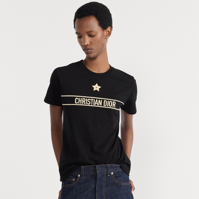 DIOR Embroidered T-Shirt Black and Gold-Tone Cotton-Blend Jersey #334724