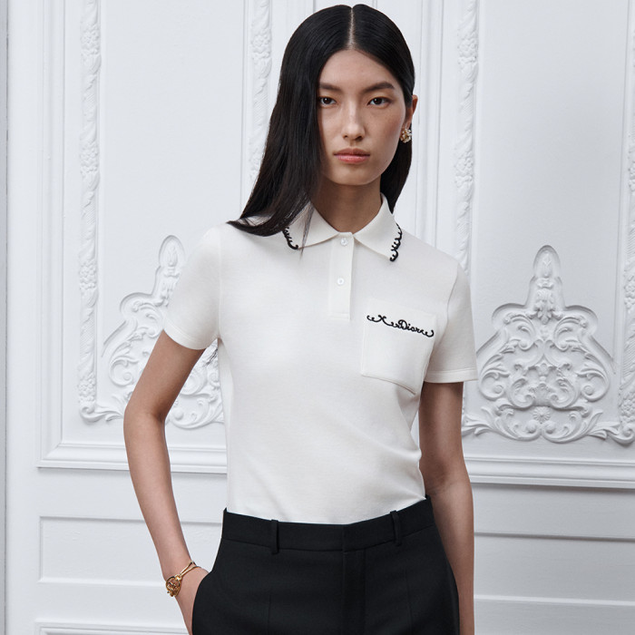 DIOR Embroidered Polo Shirt White and Black Cotton-Blend Piqué #384360