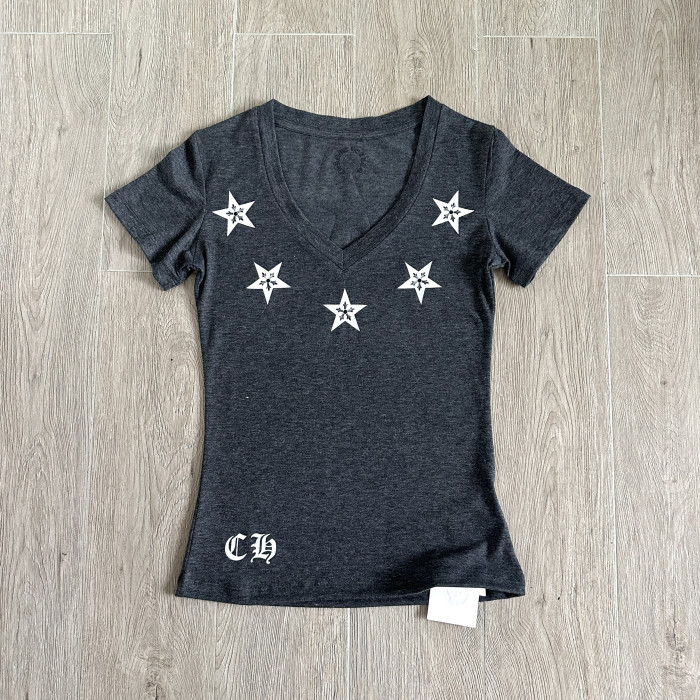 Chrome Hearts V-neck Five-pointed Star Sanskrit Printed T-shirt #384426