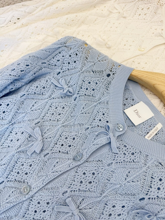 DIOR Dioriviera Embroidered Cardigan Ecru Openwork Cotton Knit #384363