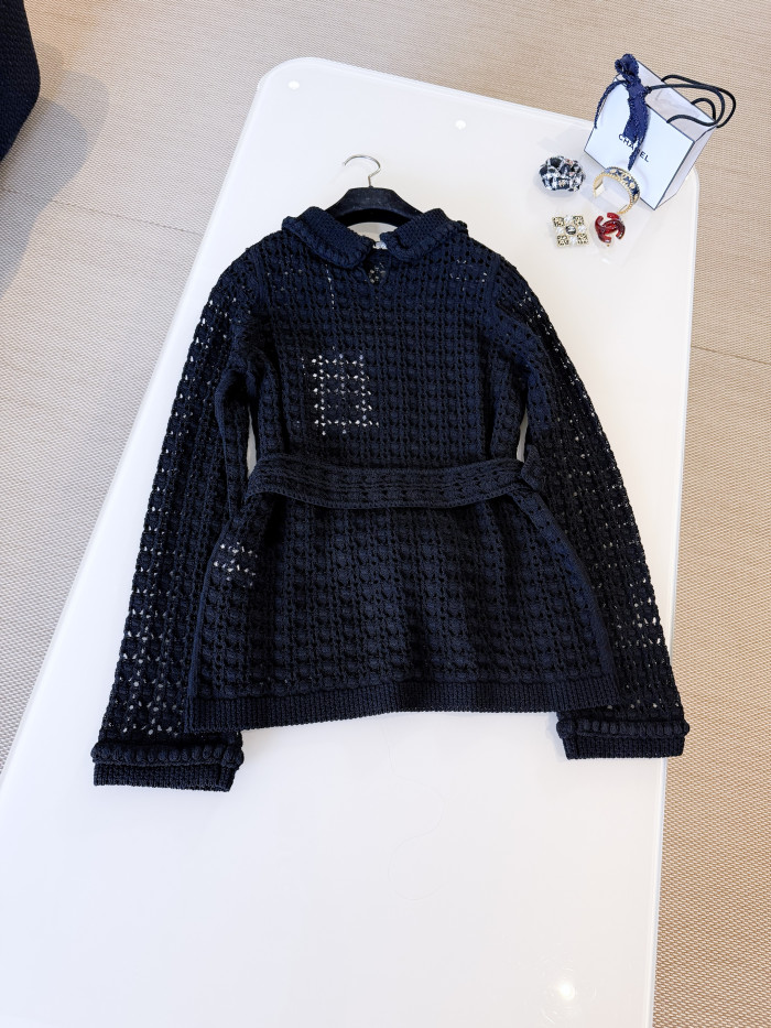 Chanel Hollow Belt Doll Collar Knitted Jacket Pants Suit #384480