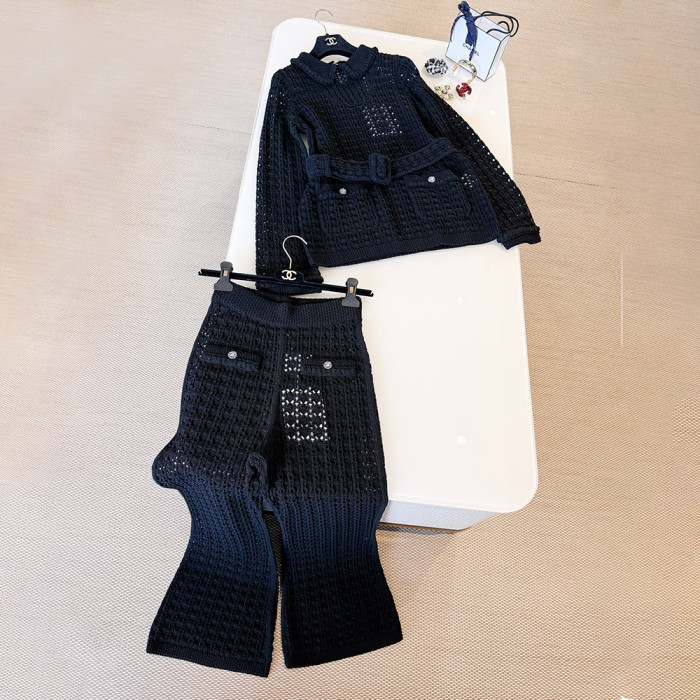 Chanel Hollow Belt Doll Collar Knitted Jacket Pants Suit #384480