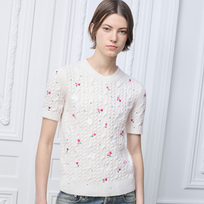 DIOR Dioramour Embroidered Short-Sleeved Sweater Ecru Cashmere Cable-Knit with Multicolor Doves Roses Motif #375955