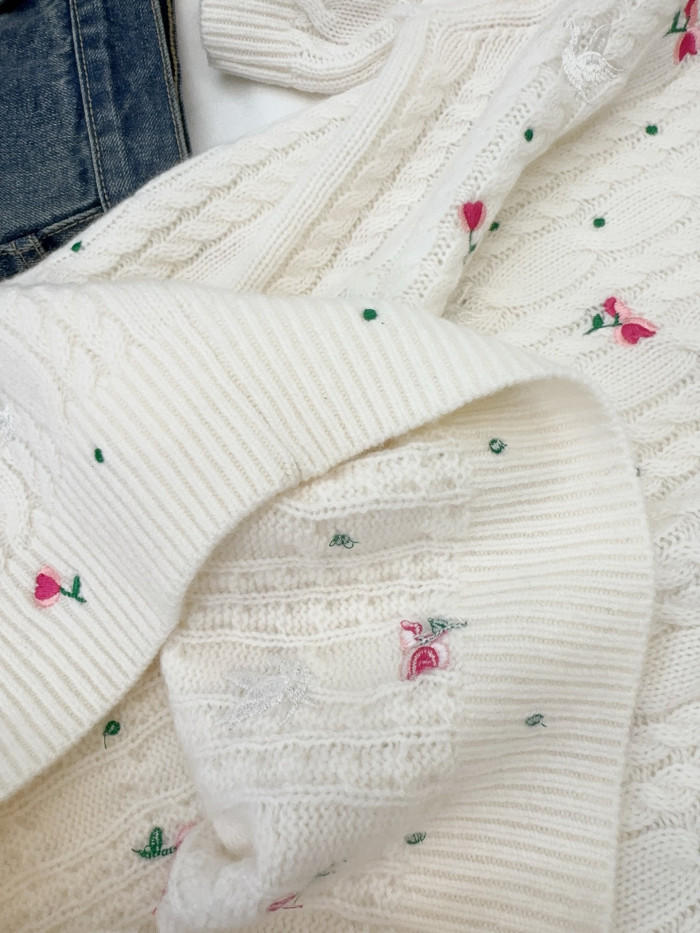 DIOR Dioramour Embroidered Short-Sleeved Sweater Ecru Cashmere Cable-Knit with Multicolor Doves Roses Motif #375955