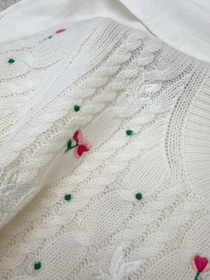 DIOR Dioramour Embroidered Short-Sleeved Sweater Ecru Cashmere Cable-Knit with Multicolor Doves Roses Motif #375955