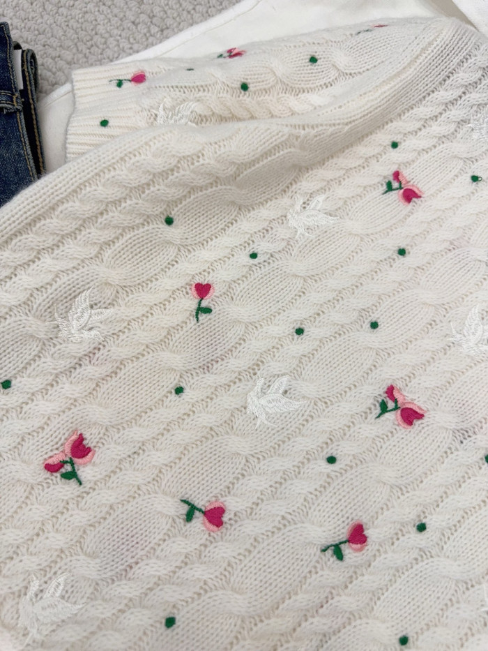 DIOR Dioramour Embroidered Short-Sleeved Sweater Ecru Cashmere Cable-Knit with Multicolor Doves Roses Motif #375955