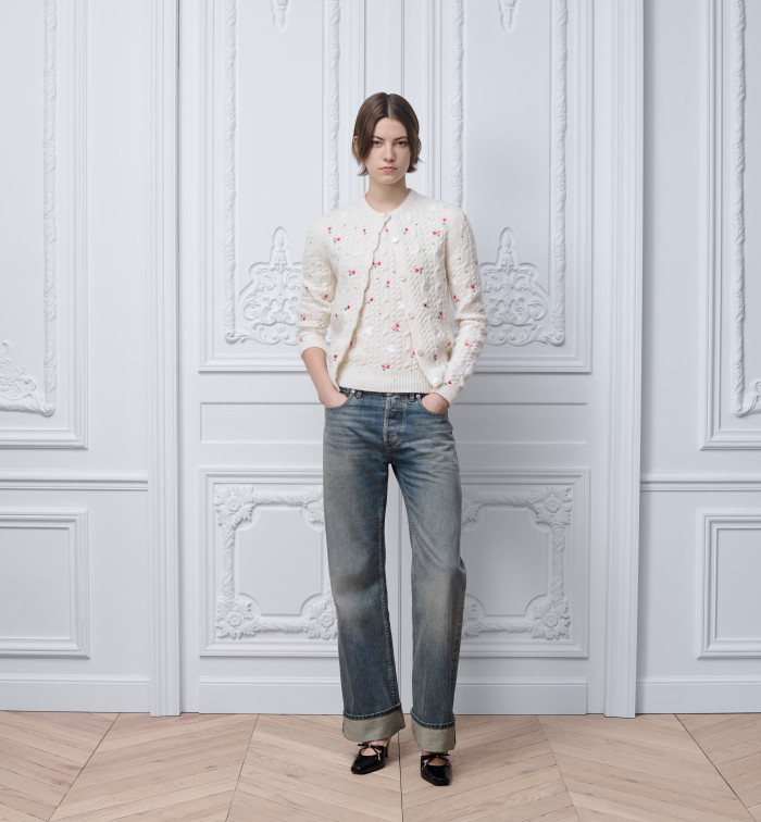 DIOR Dioramour Embroidered Short-Sleeved Sweater Ecru Cashmere Cable-Knit with Multicolor Doves Roses Motif #375955
