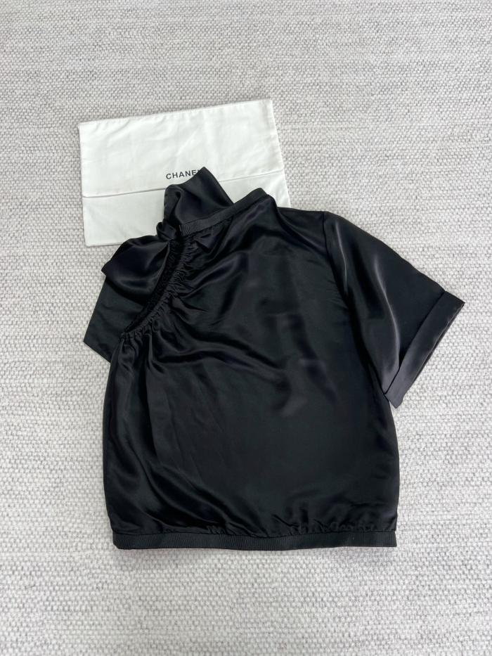 Chanel Top-Qualitu Version CC One-shoulder Lace-up Silk Short Sleeves#384634