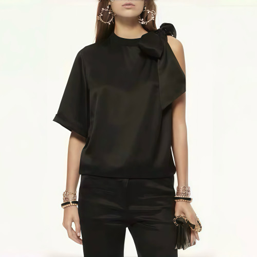 Chanel Top-Qualitu Version CC One-shoulder Lace-up Silk Short Sleeves#384634