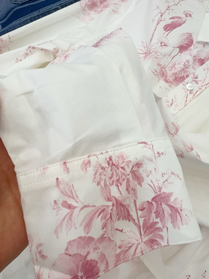 DIOR Dioriviera Tied Cropped Blouse White and Pink Toile de Jouy Floral Garden Cotton Poplin #384691